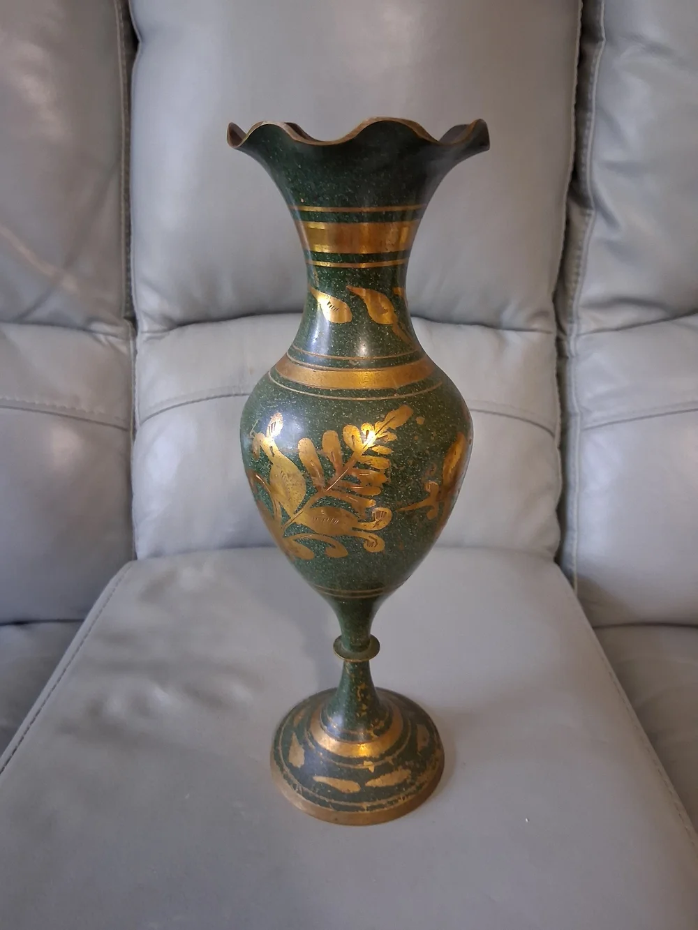 Vintage Brass & Enamel Etched Vase